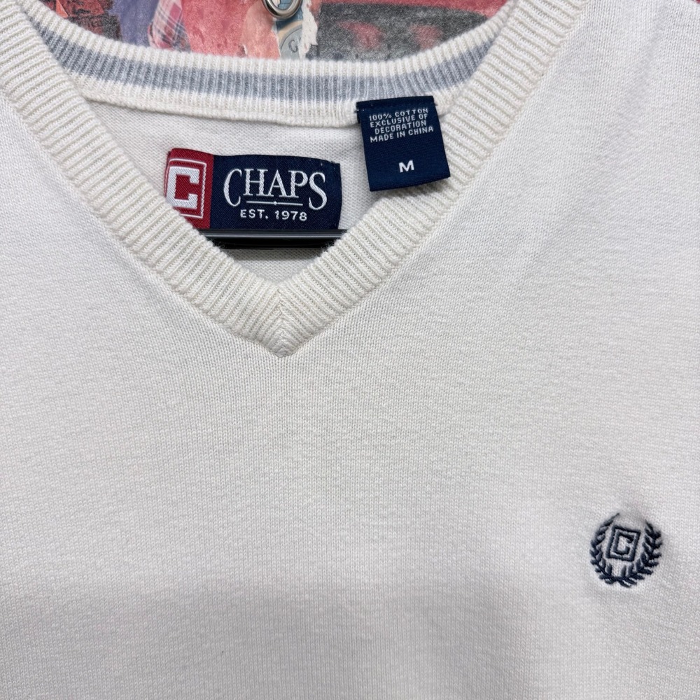 Chaps‎ V-Neck Sweater Cream Cotton Men's Size M V-Neck Pullover Casual - Picture 2 of 6